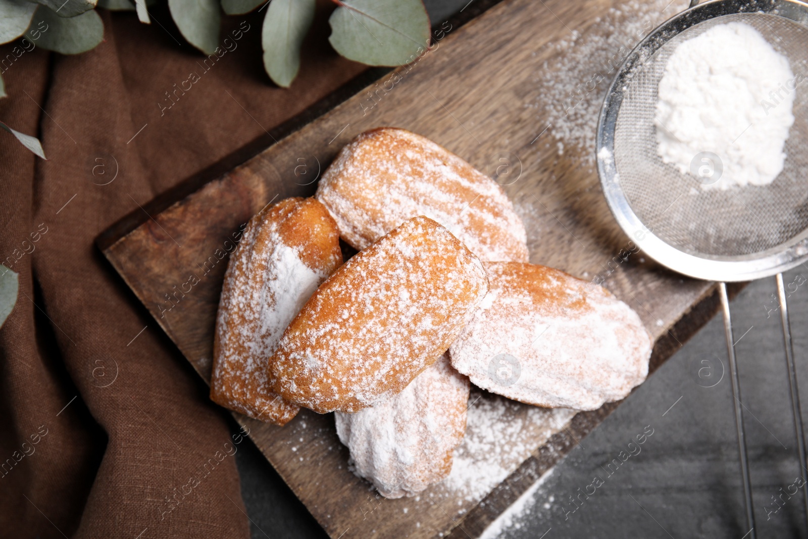 Photo of Delicious madeleine cakes with powdered sugar on table, flat lay