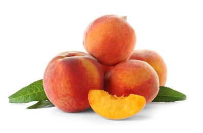 Fresh sweet peaches on white background