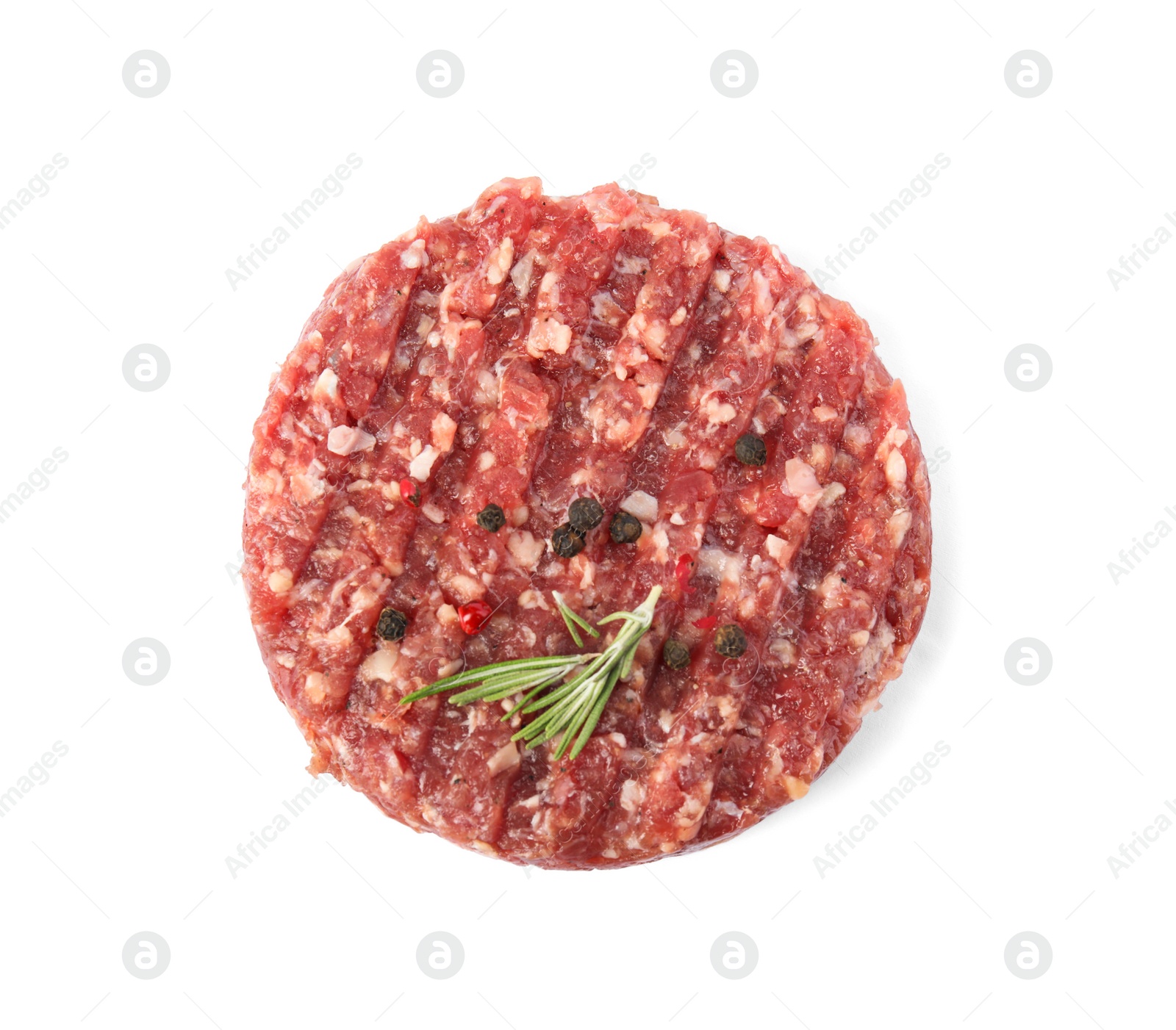 Photo of Raw meat cutlet for burger isolated on white, top view