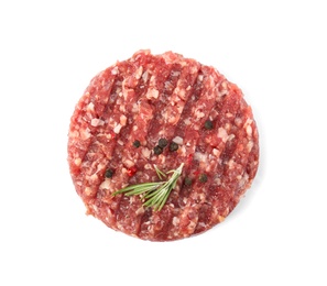 Raw meat cutlet for burger isolated on white, top view