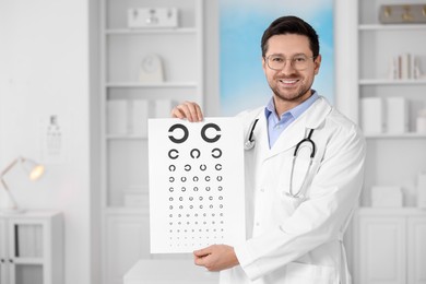 Photo of Ophthalmologist with vision test chart in clinic, space for text