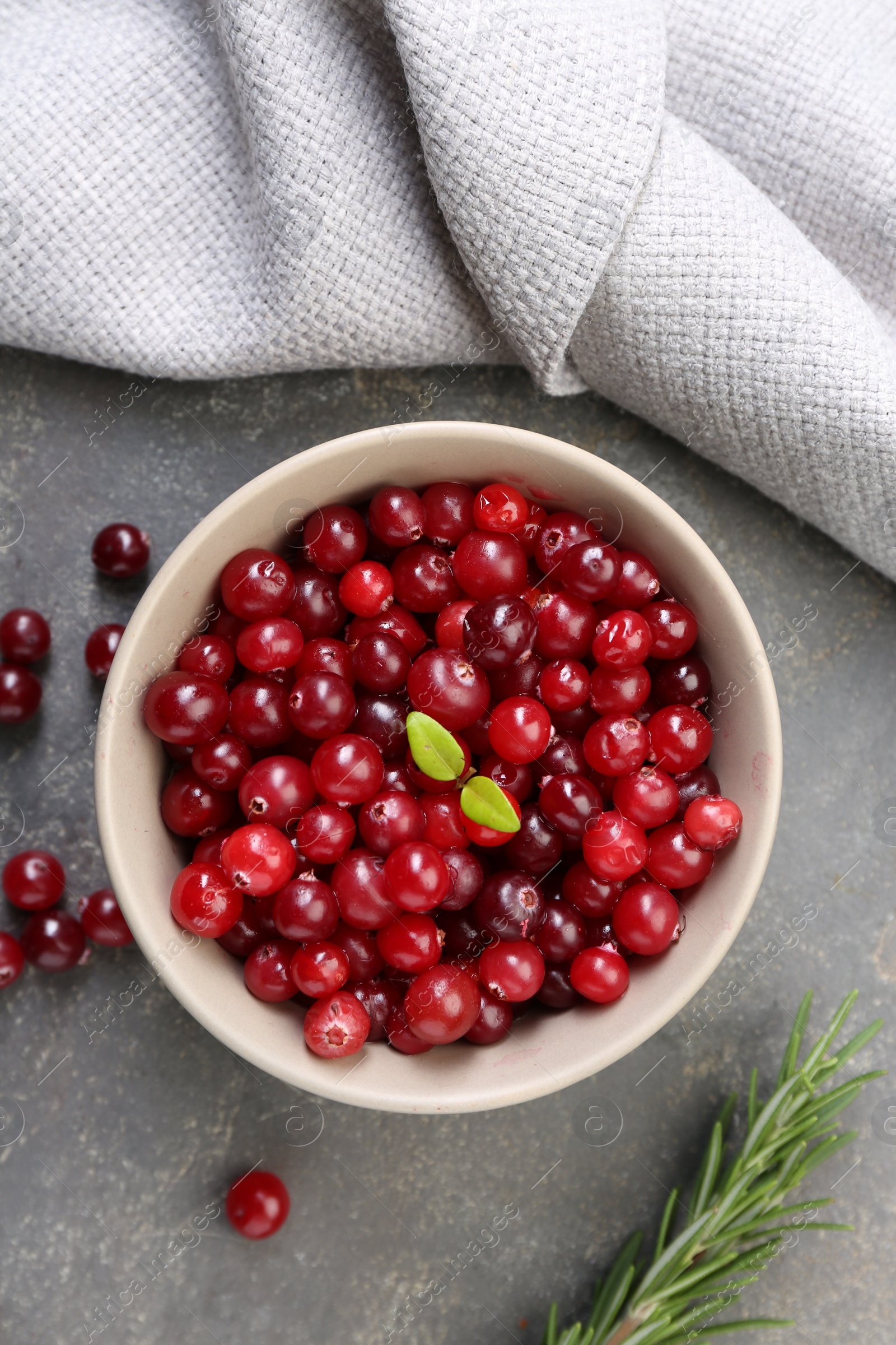 Photo of Fresh ripe cranberries in bowl and rosemary on grey table, flat lay