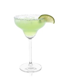 Photo of Delicious Margarita cocktail with ice cubes in glass, salt and lime isolated on white