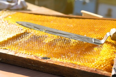 Photo of Uncapping knife and honeycomb frame on wooden table outdoors, closeup