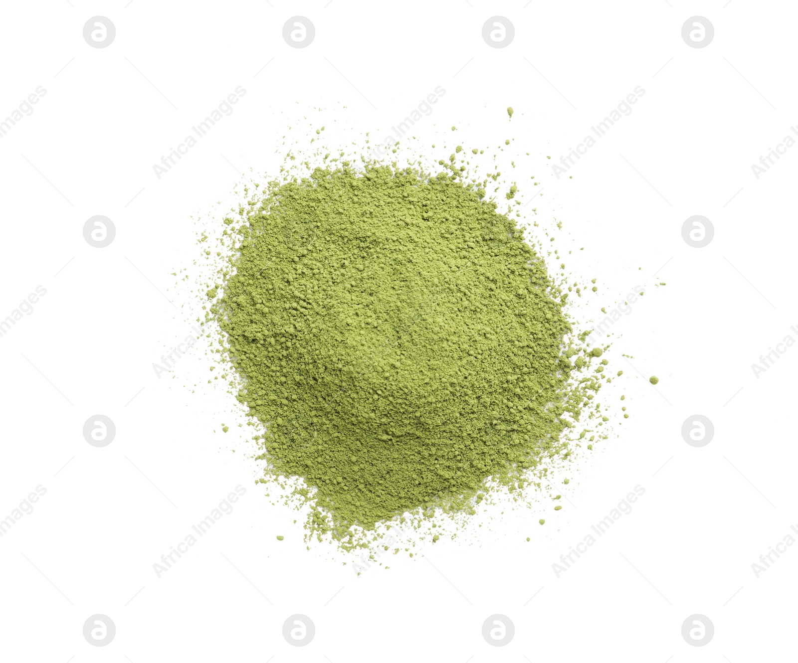 Photo of Pile of green matcha powder isolated on white, top view