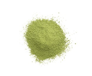 Photo of Pile of green matcha powder isolated on white, top view