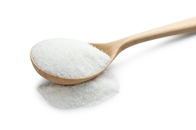 Photo of Spoon with granulated sugar isolated on white