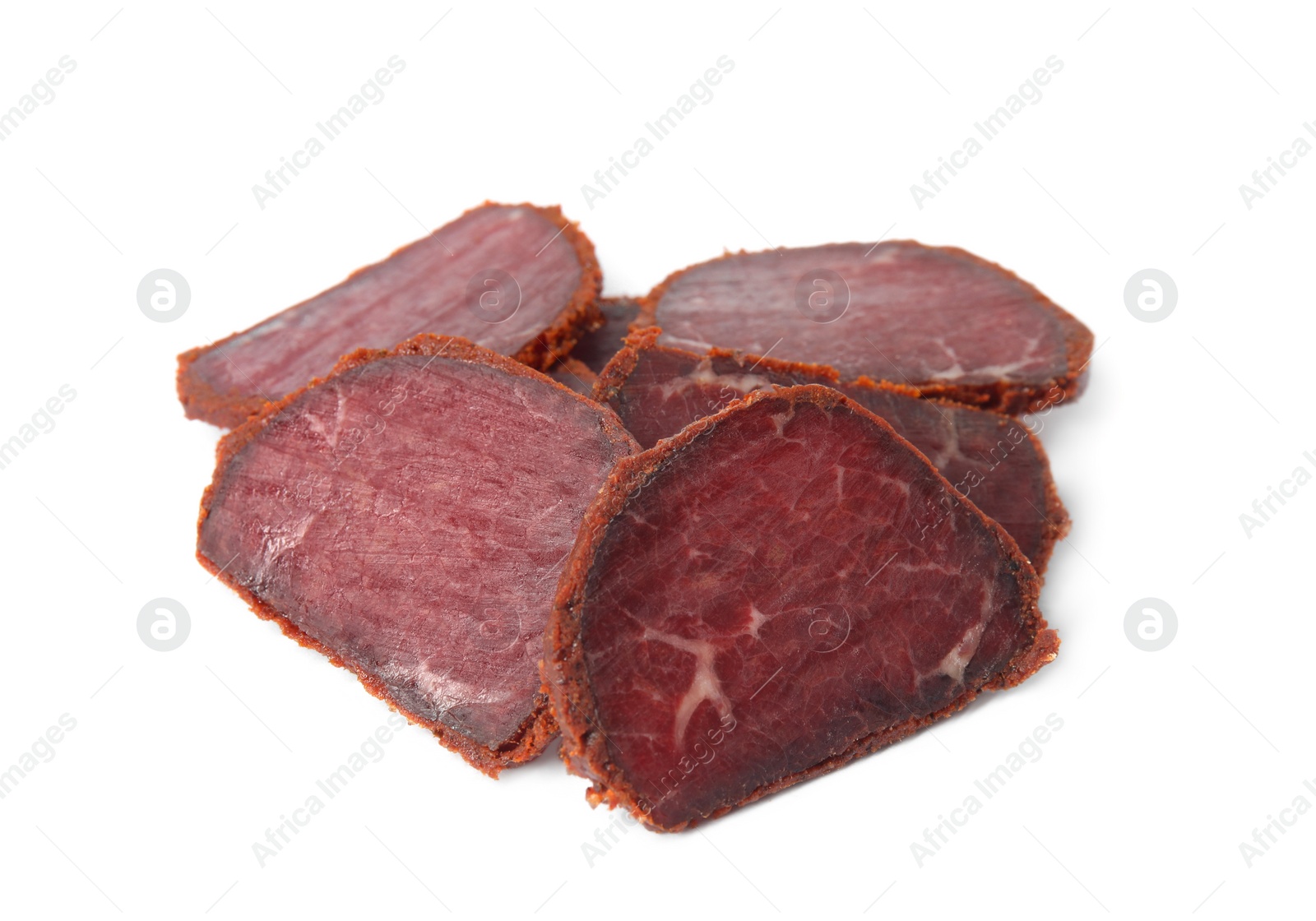 Photo of Delicious dry-cured beef basturma slices on white background