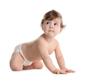 Cute little baby in diaper on white background