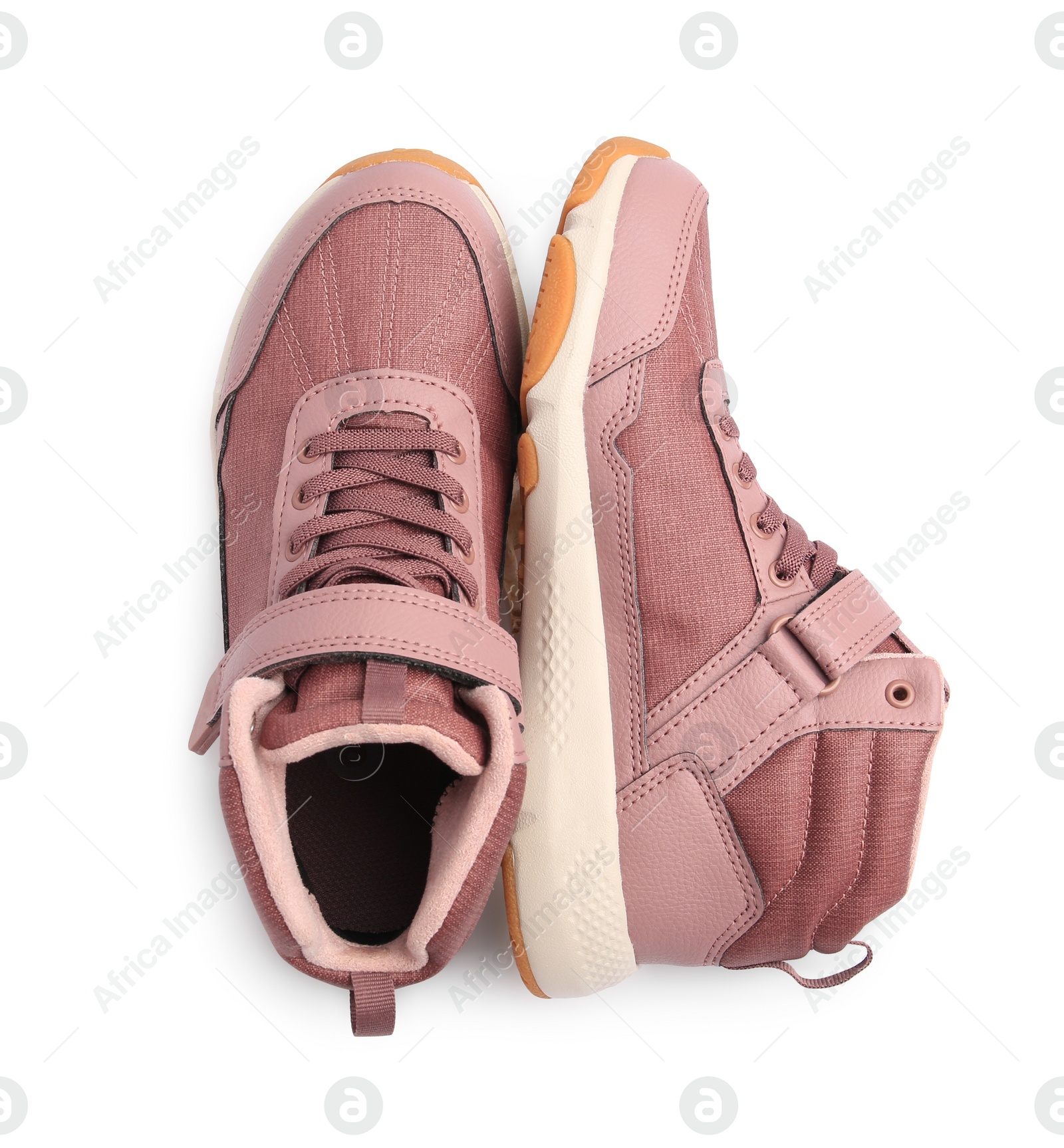 Photo of Pair of stylish kid's sneakers isolated on white, top view