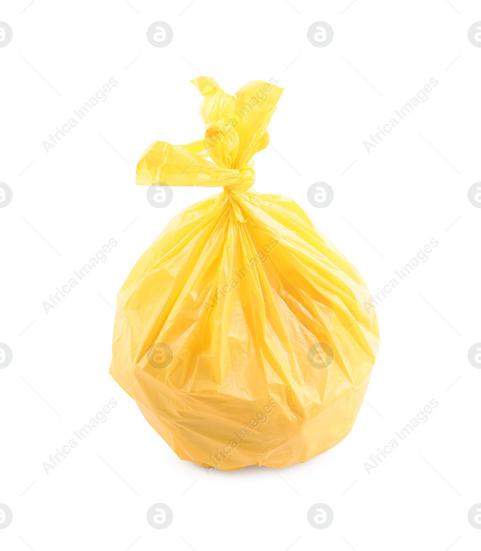 Photo of Yellow plastic garbage bag isolated on white