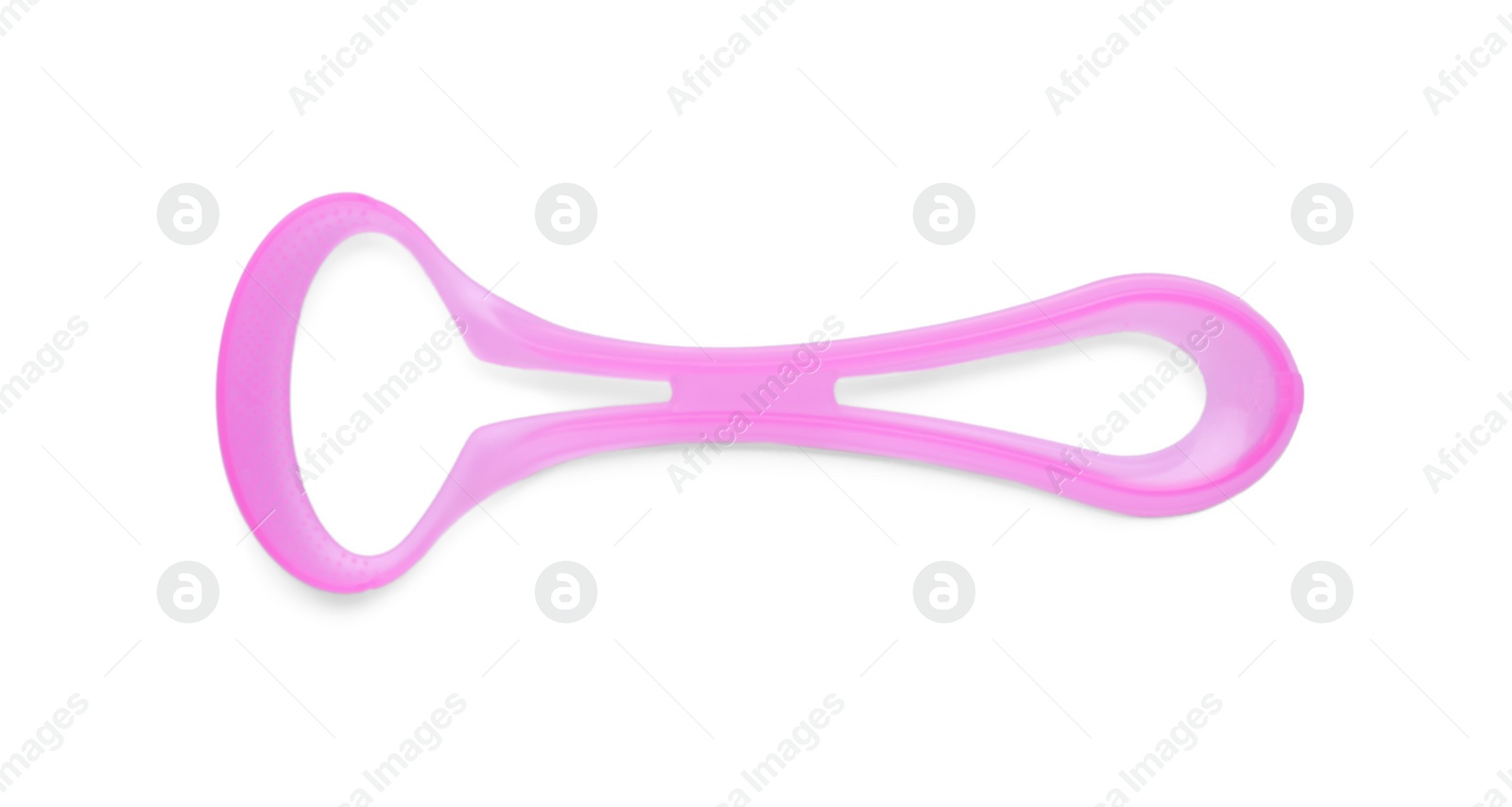 Photo of One pink tongue cleaner isolated on white, top view. Dental care