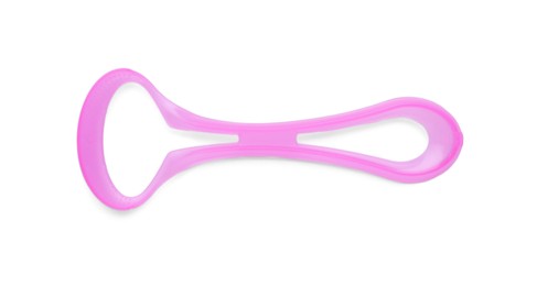 Photo of One pink tongue cleaner isolated on white, top view. Dental care