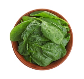 Fresh green healthy baby spinach leaves in clay bowl isolated on white, top view