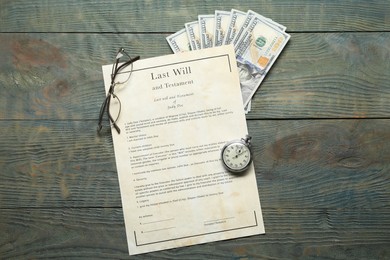 Photo of Last Will and Testament, glasses, pocket watch and dollar bills on rustic wooden table, flat lay