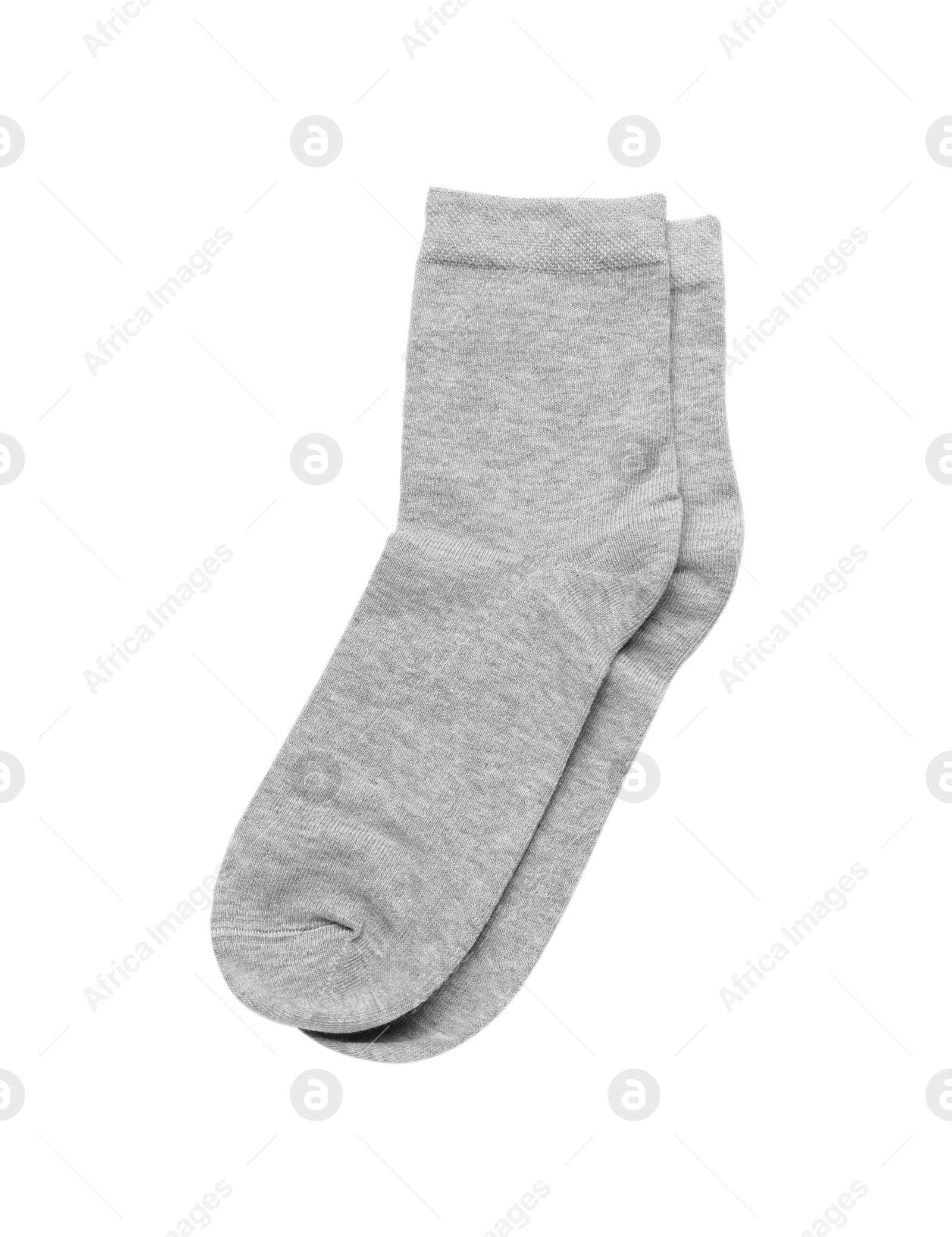 Photo of Pair of light grey socks isolated on white, top view