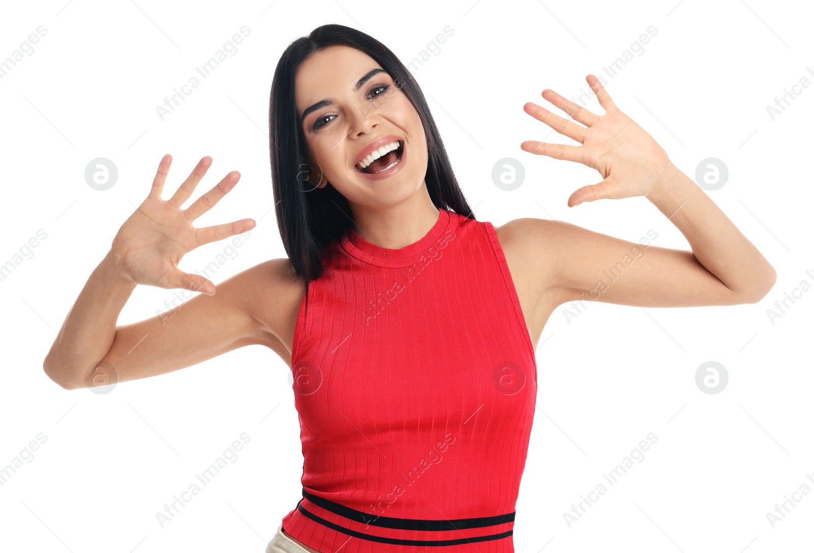 Photo of Woman showing number ten with her hands on white background