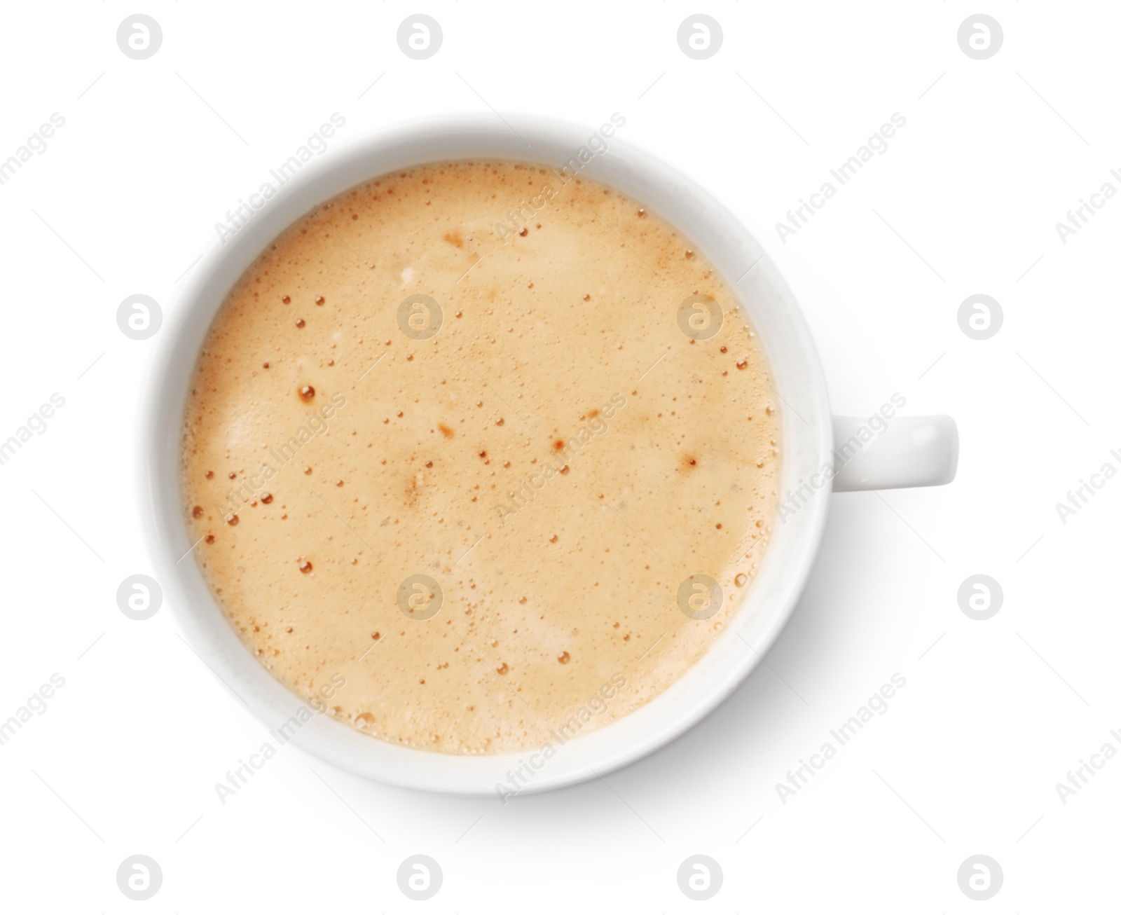 Photo of Aromatic coffee in cup isolated on white, top view