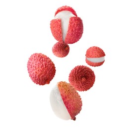 Image of Many lychees falling on white background. Exotic fruit