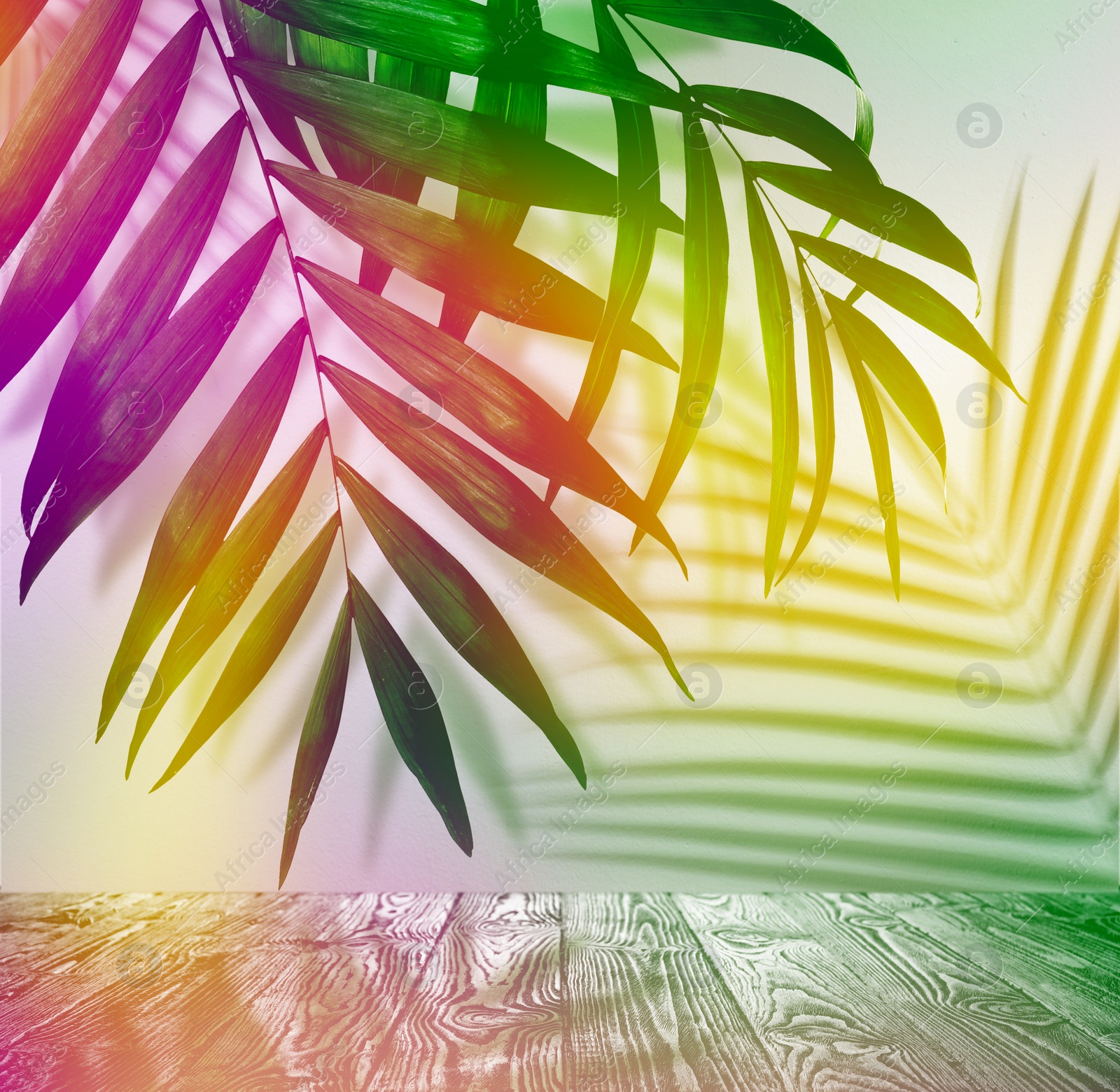 Image of Palm branches and wooden table against light background, color tone effect. Summer party