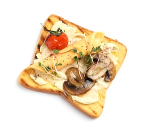 Tasty toast with mushrooms, cheese and chia seeds on white background, top view