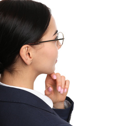 Young businesswoman with glasses on white background