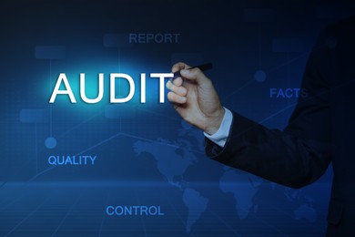 Image of Audit concept. Businessman with pen, words, scheme and world map illustration on blue background, closeup