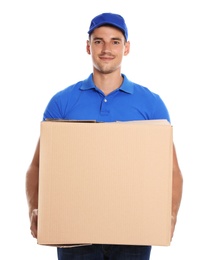 Happy young courier with cardboard box on white background