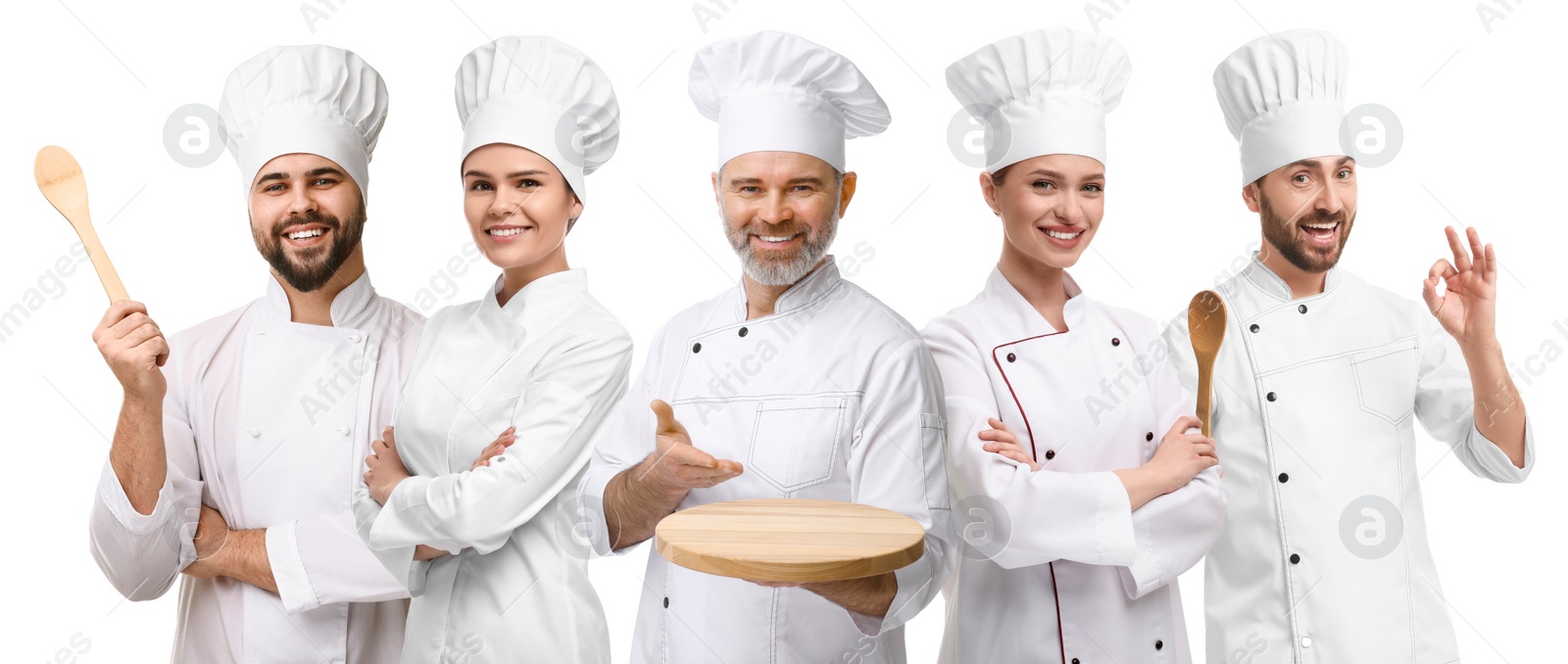 Image of Chefs in uniforms on white background, set with photos