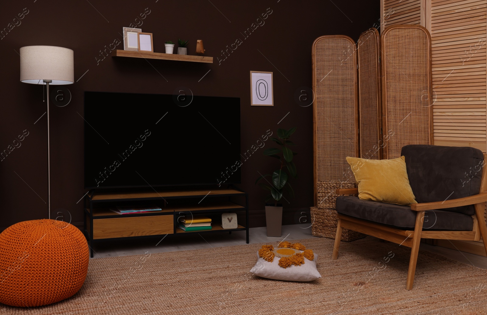 Photo of Modern TV on cabinet, stylish furniture and decorative elements in room. Interior design