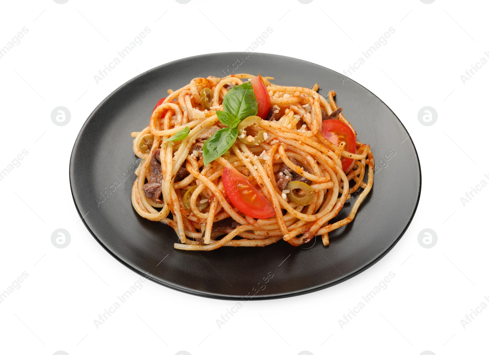 Photo of Delicious pasta with anchovies, tomatoes and olives isolated on white