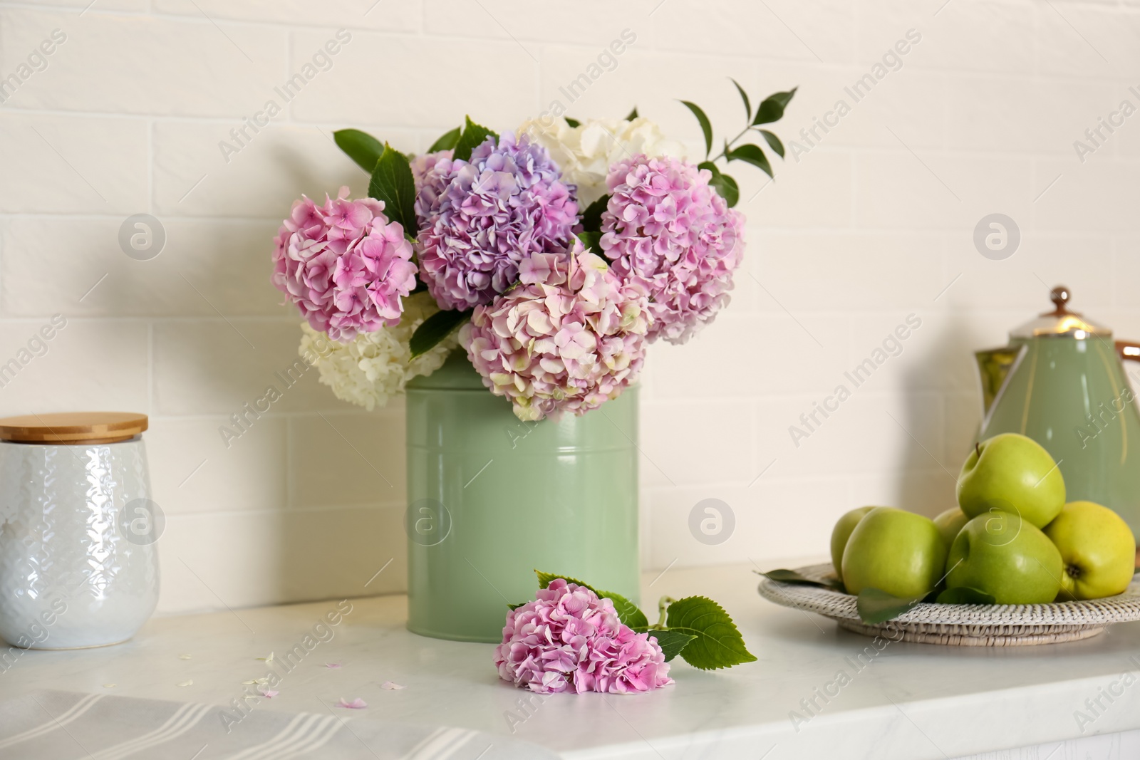 Photo of Beautiful hydrangea flowers and apples on light countertop