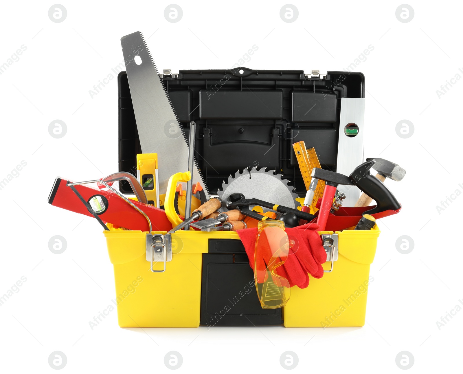 Photo of Box with different carpenter's tools isolated on white