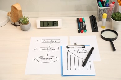 Photo of Business process planning and optimization. Workplace with plan, notebook and stationery on white wooden table