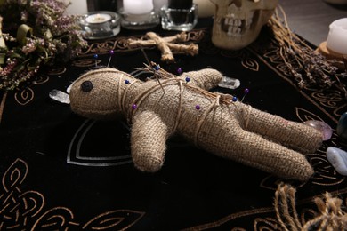 Voodoo doll with pins and dried flowers on table