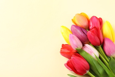 Beautiful tulips and space for text on color background, top view. Spring flowers