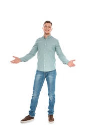 Full length portrait of handsome young man on white background