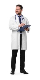 Photo of Smiling doctor with clipboard and pen isolated on white