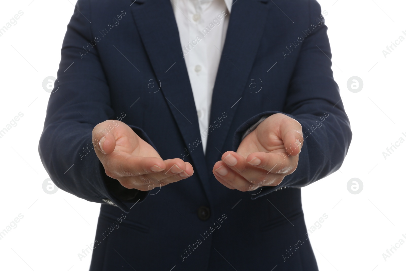 Photo of Woman holding something against white background, focus on hands