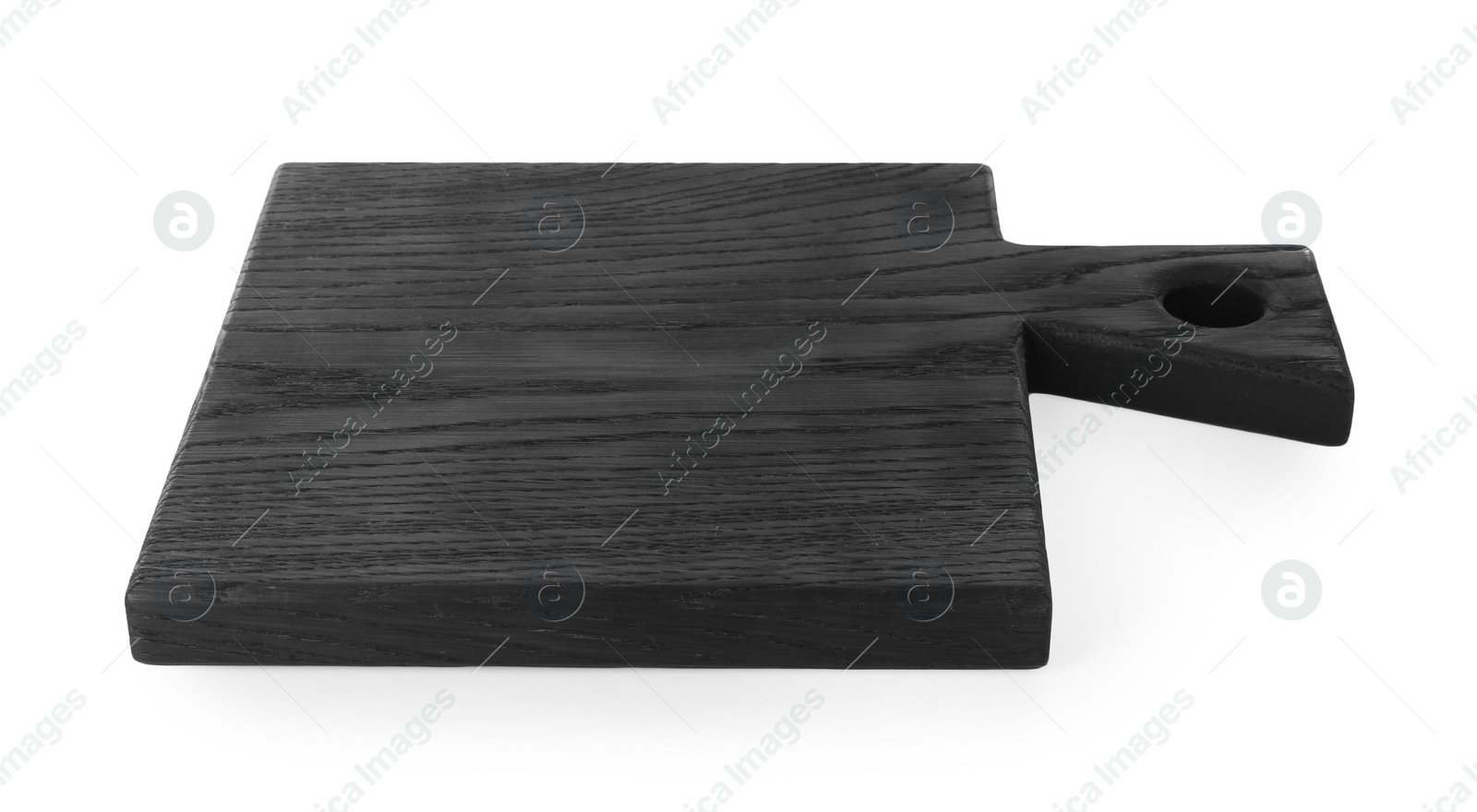 Photo of Black wooden cutting board isolated on white