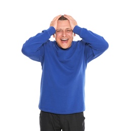 Portrait of emotional mature man on white background