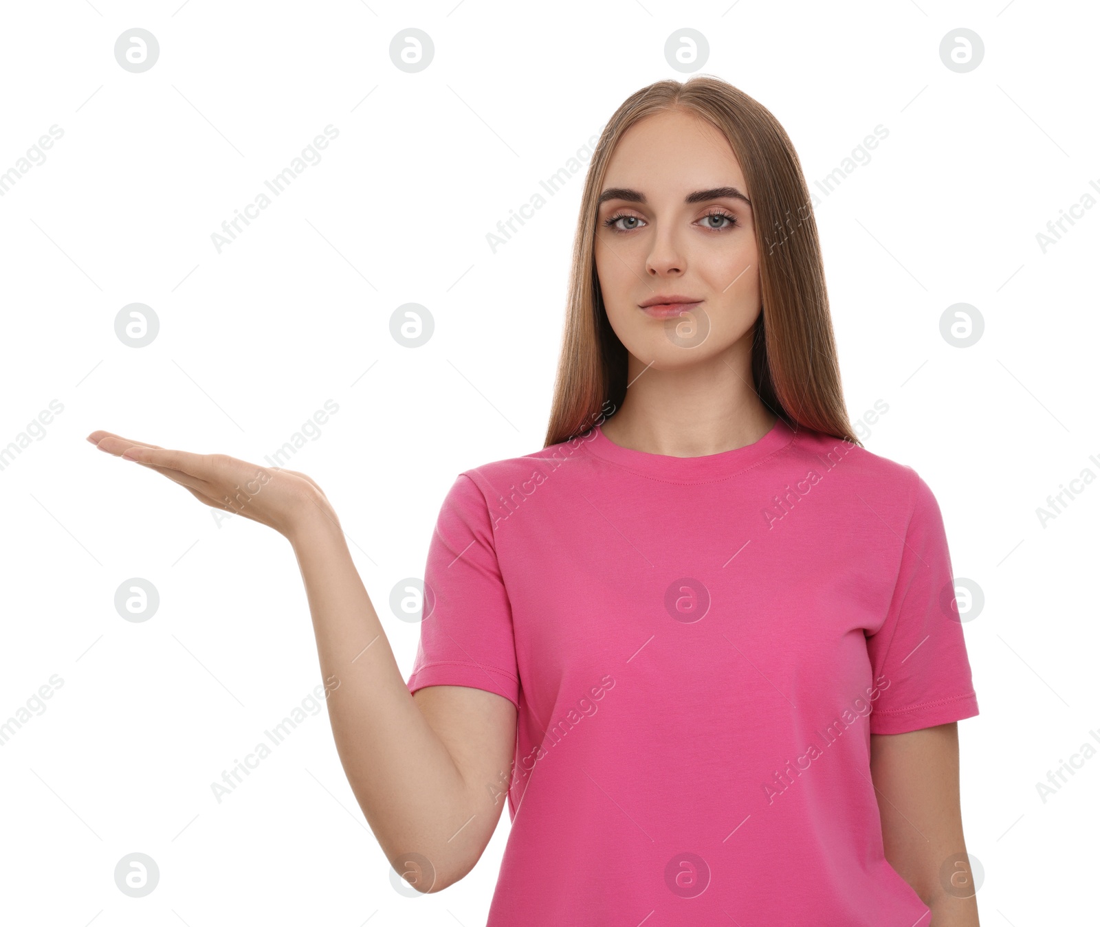 Photo of Special promotion. Young woman showing something on white background