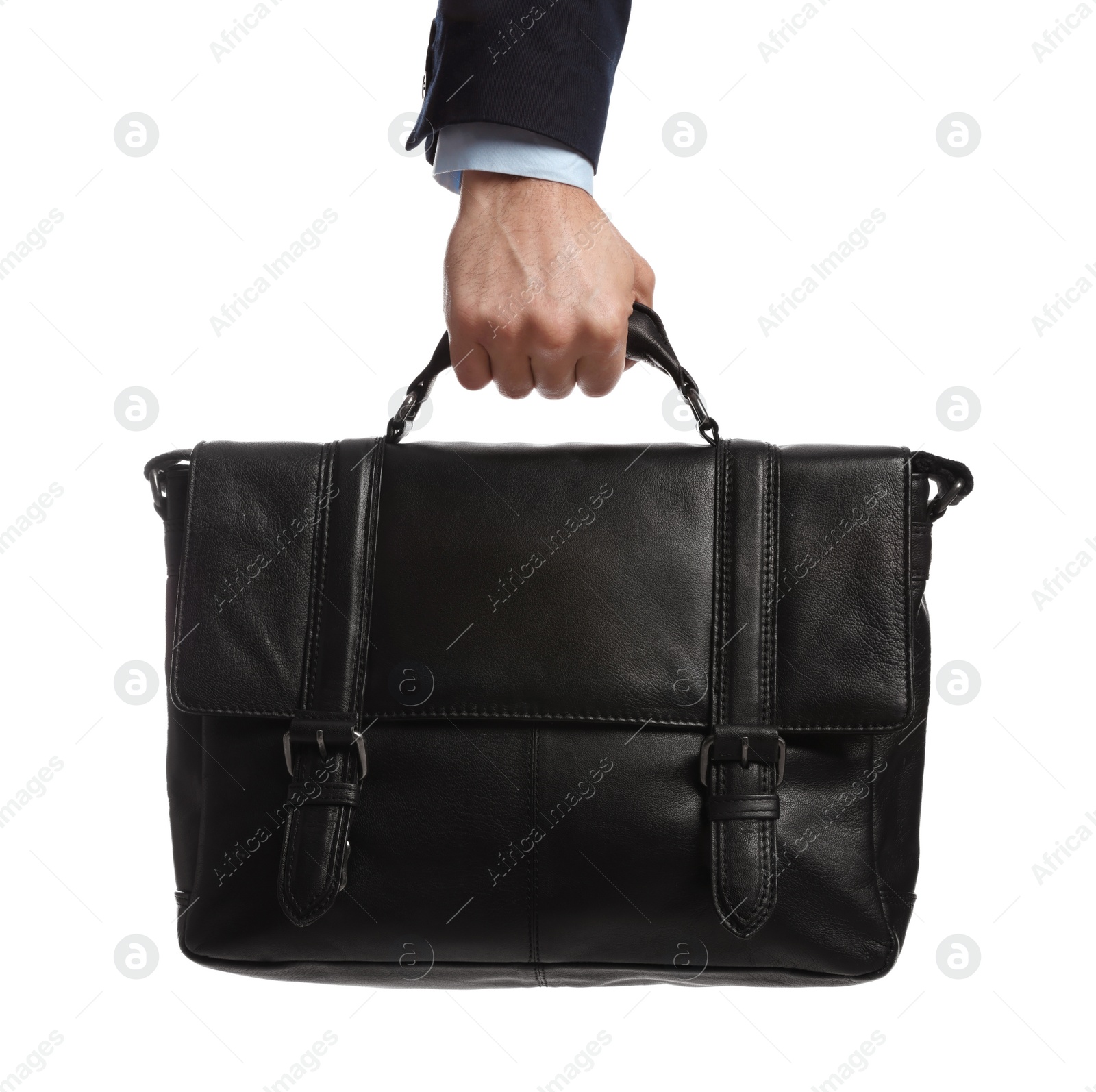 Photo of Man holding stylish leather briefcase on white background, closeup