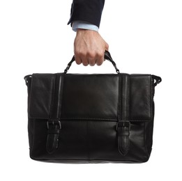 Man holding stylish leather briefcase on white background, closeup