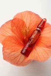 Skincare ampoules and hibiscus flower with water drops on white background, above view