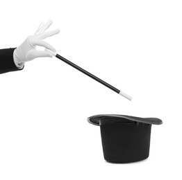 Image of Magician showing trick with wand and top hat on white background, closeup