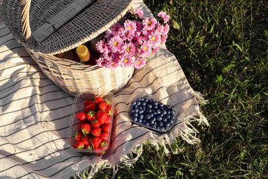 Picnic basket with flowers, bottle of wine and berries on blanket outdoors