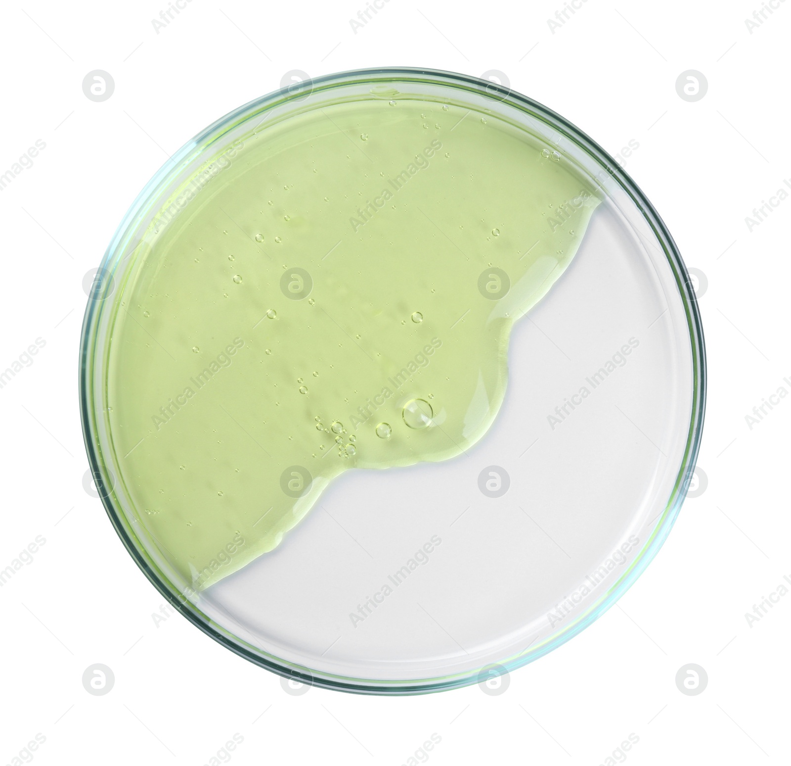 Photo of Petri dish with color liquid sample isolated on white, top view