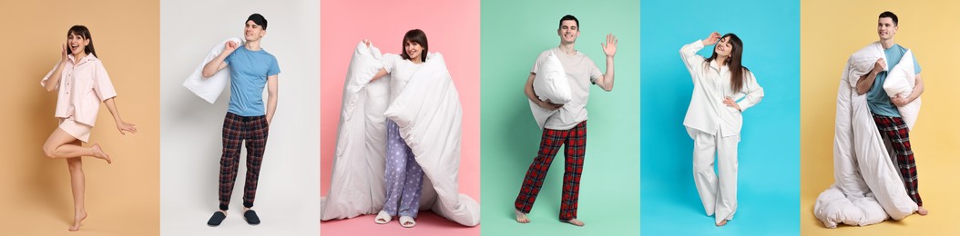 People in pajamas on different color backgrounds, collage of photos