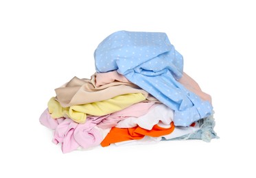Photo of Pile of colorful clothes isolated on white